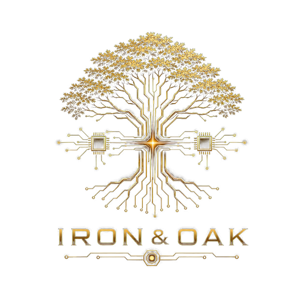 Iron & Oak — a circuit-rooted oak with a cross at its heart